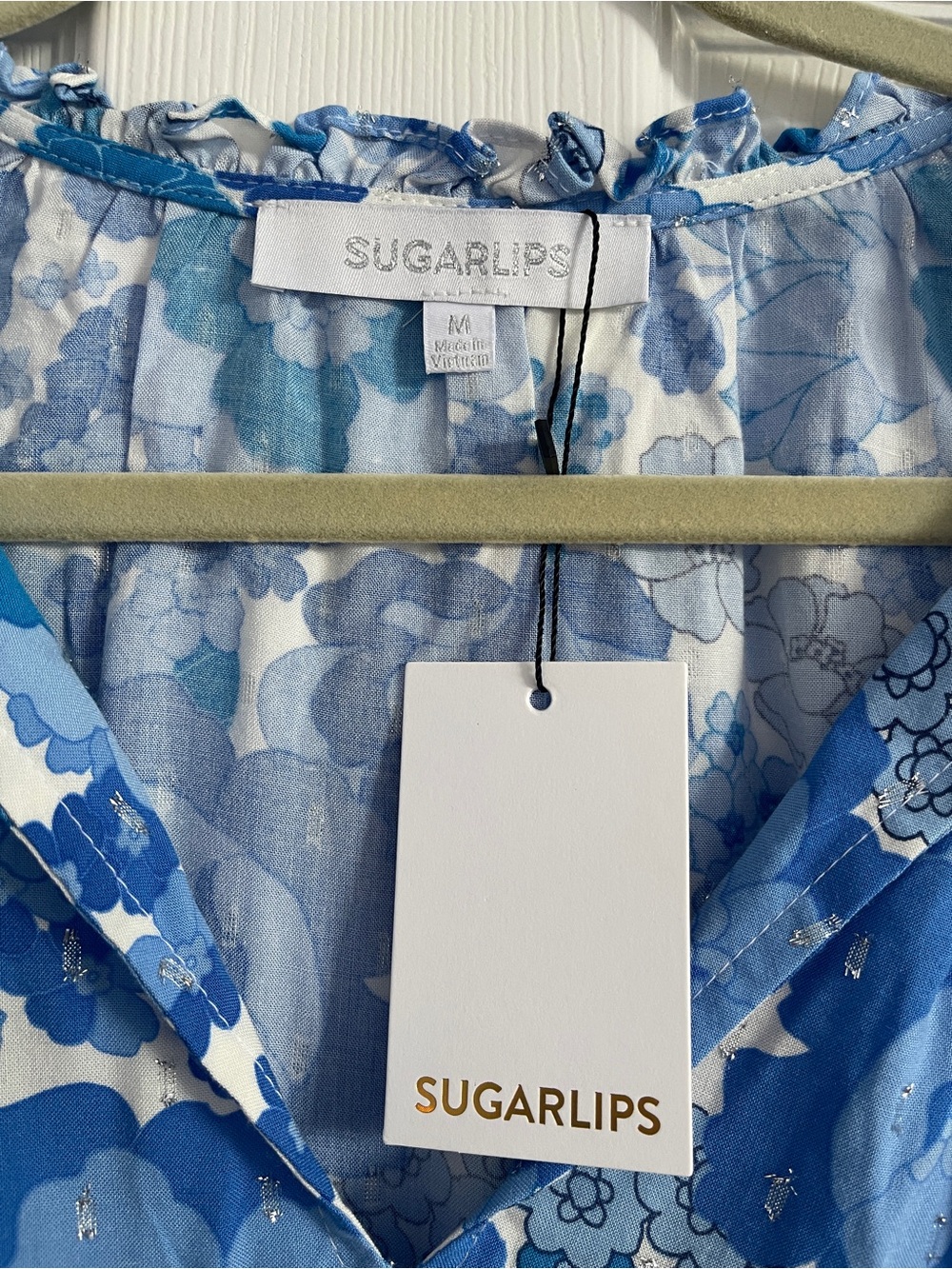 Sugarlips Blue Floral Tie-Neck Peasant Blouse - Picture 2 of 3